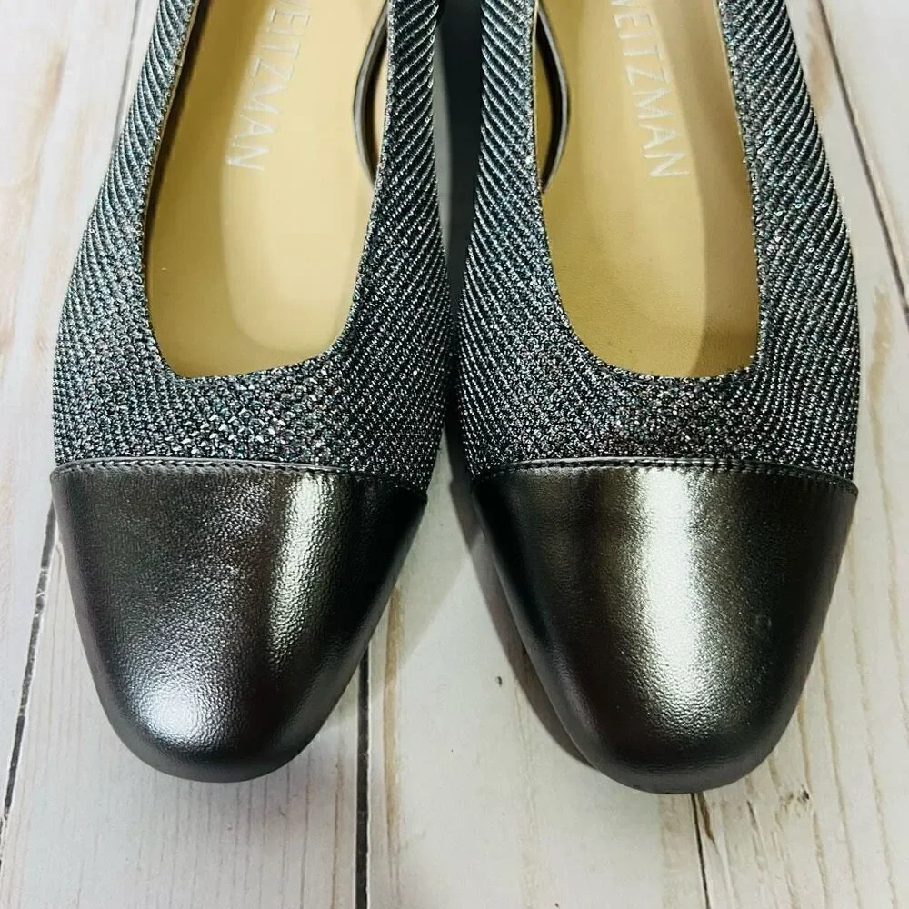 Stuart Weitzman Sleek Flat Gunmetal Silver Pewter Sparkle Glitter Flats NEW! Sz